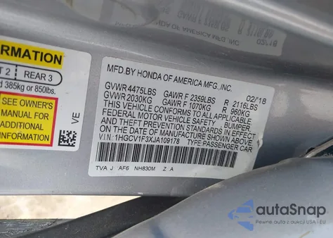 2018 Honda Accord Sport из США, поврежденный, VIN 1HGCV1F3XJA109178